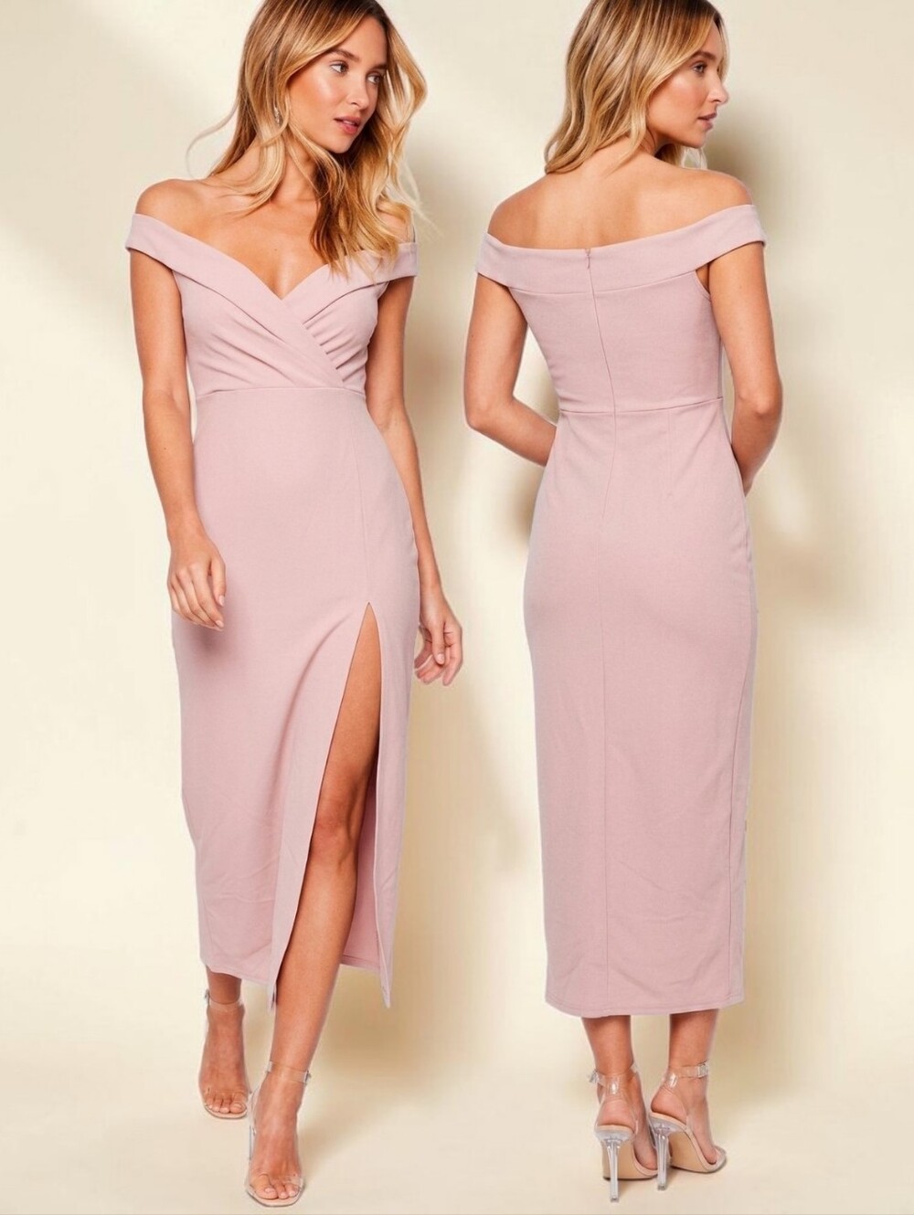 NASTY GAL Rose Off The Shoulder High Slit Midi Dress - Size 8